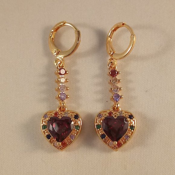 18K Yellow Gold Filled Luxury Garnet Red Heart Diamond Zircon Dangle Earrings - Picture 4 of 8
